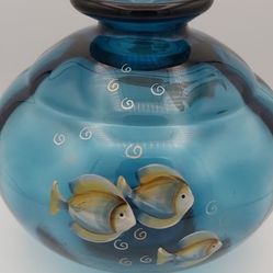 Beautiful Vintage Handpainted & Signed Fenton Intigo Blue Glass Vase With Stamp & Original Sticker 