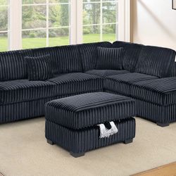BLACK CONVERTIBLE SECTIONAL SOFA WITH STORAGE OTTOMAN  