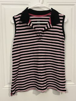 Women’s Medium Cherokee 95% Cotton Sleeveless Black, Pink, & White Striped Polo