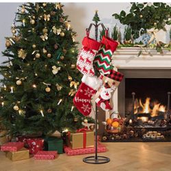 67-inch Freestanding Christmas Stocking Holder, Floor-Standing Stocking Holder with 8 Stocking Hooks, Metal Stand with Cast Iron Christmas Tree Top