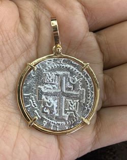 Atocha silver coin pendant In 14Kt solid gold bezel