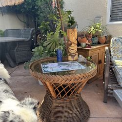 Vintage Rattan Tiki Bar Hawaiian Boho Drum end side accent Table marked Nelson OK & stamp 🌺