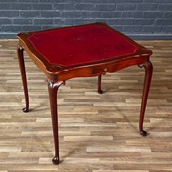 English Queen Anne Style Mahogany Card/Game Table w/ Tooled Leather Top by The Williamsburg Galleries, c. 1950's - Delivery Available 
