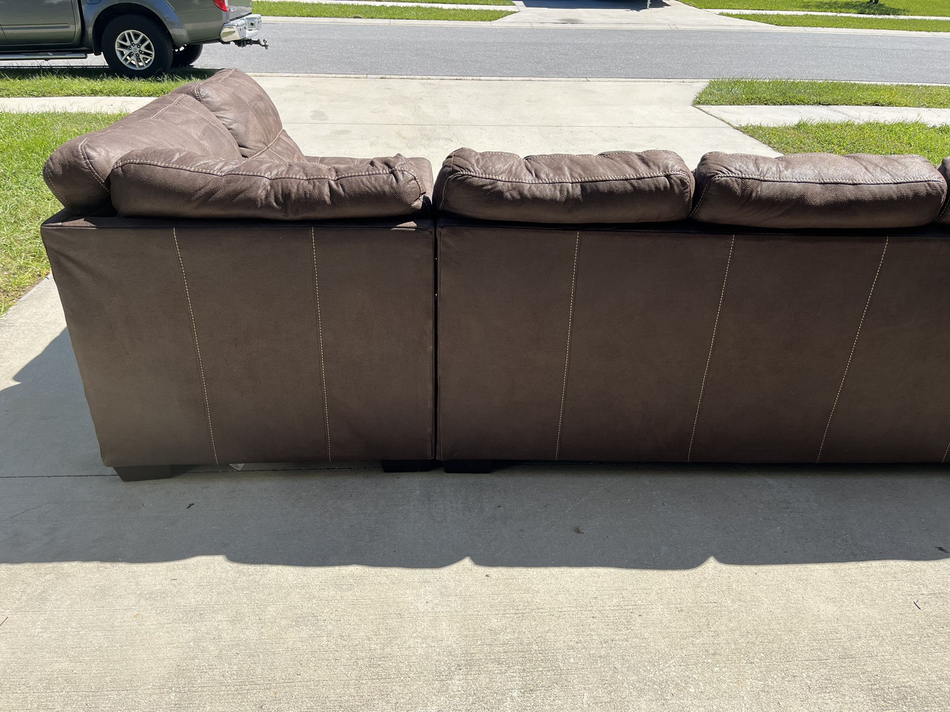 **FREE DELIVERY** - Brown Polyester Sectional Couch with Ottoman 