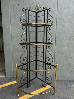 Vintage Brass & Wrought Iron Corner Display Shelf Rack Hollywood Regency