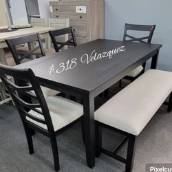 ✅️✅️6 pc Black  Color dining table set padded seat chairs and bench✅️✅️✅️