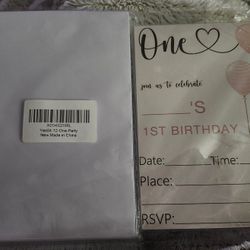 First Birthday Invitation Cards Pink & White And Cake Topper Sparkly Gold Purple