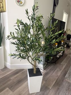 Pretty artificial plant Olive 🫒 tree 5 ft tall comes with tall planter! Brand New