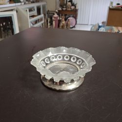 Vintage Silver-plate Footed W/Clear Glass Candy Dish Ruffled Edges, Frosted With Embossed Berries, Pressed Glass 5"W X 2"H