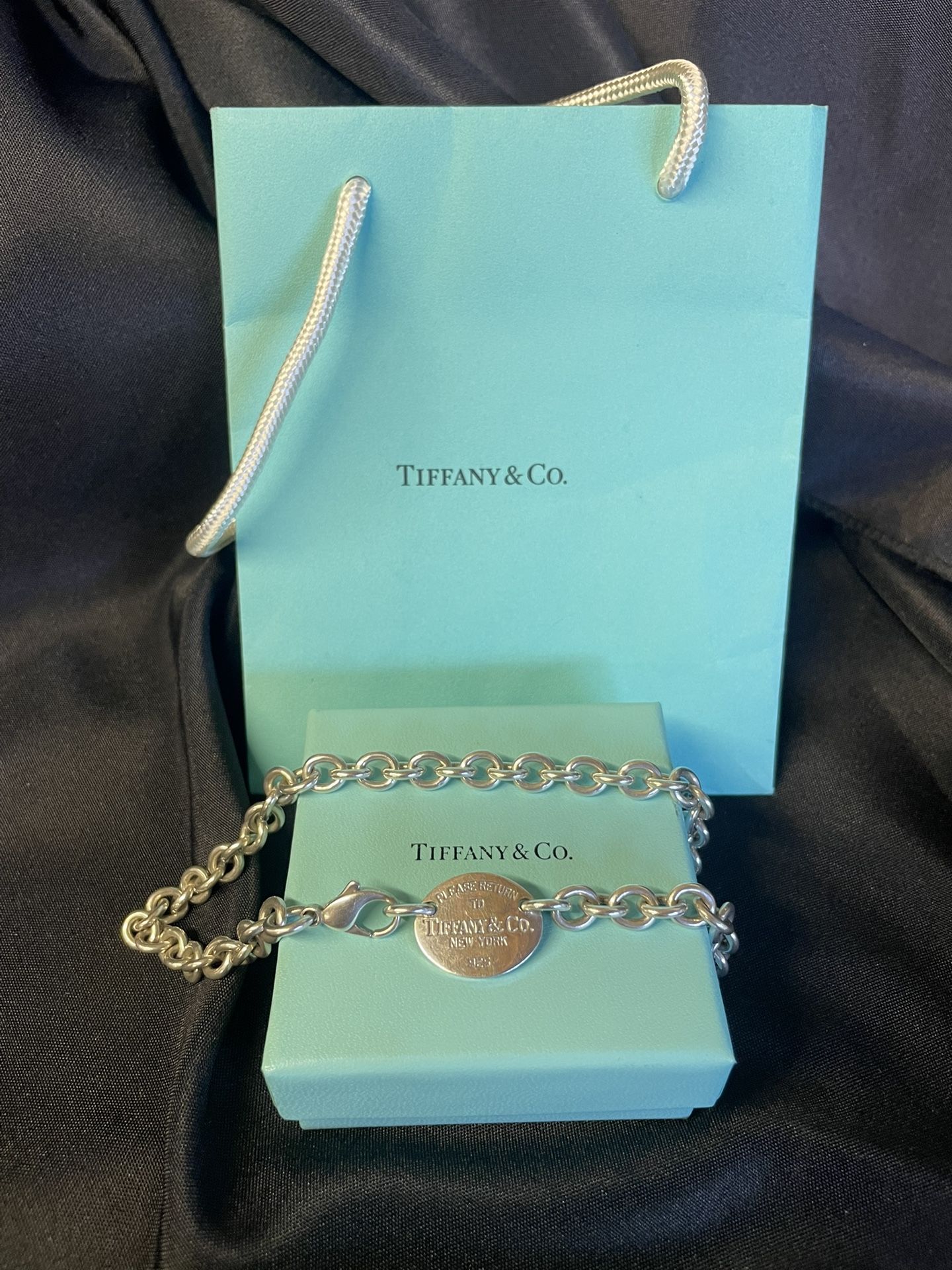 Tiffany & Co. 925 Silver Please Return To Oval Tag Choker 15" W/ Bag & Box