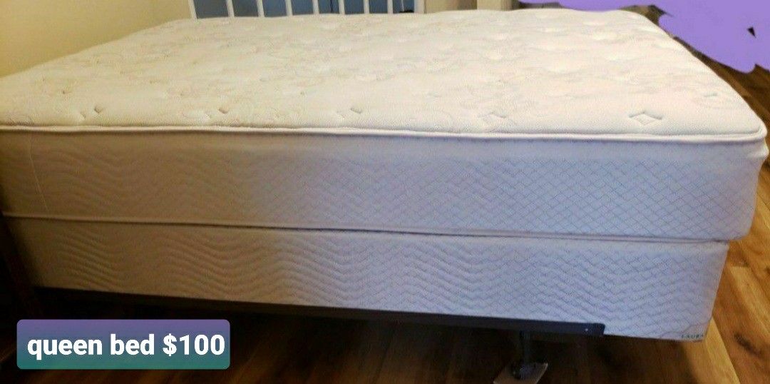 Queen Mattress,  Box Springs, Frame And Sheets