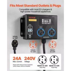 345^Automatic EV Charging Switch, NEMA 14-30, Splitter Switch for Dryer & EV Charger, 24A Max 240V Smart Power Distribution with Circuit Breaker, Real