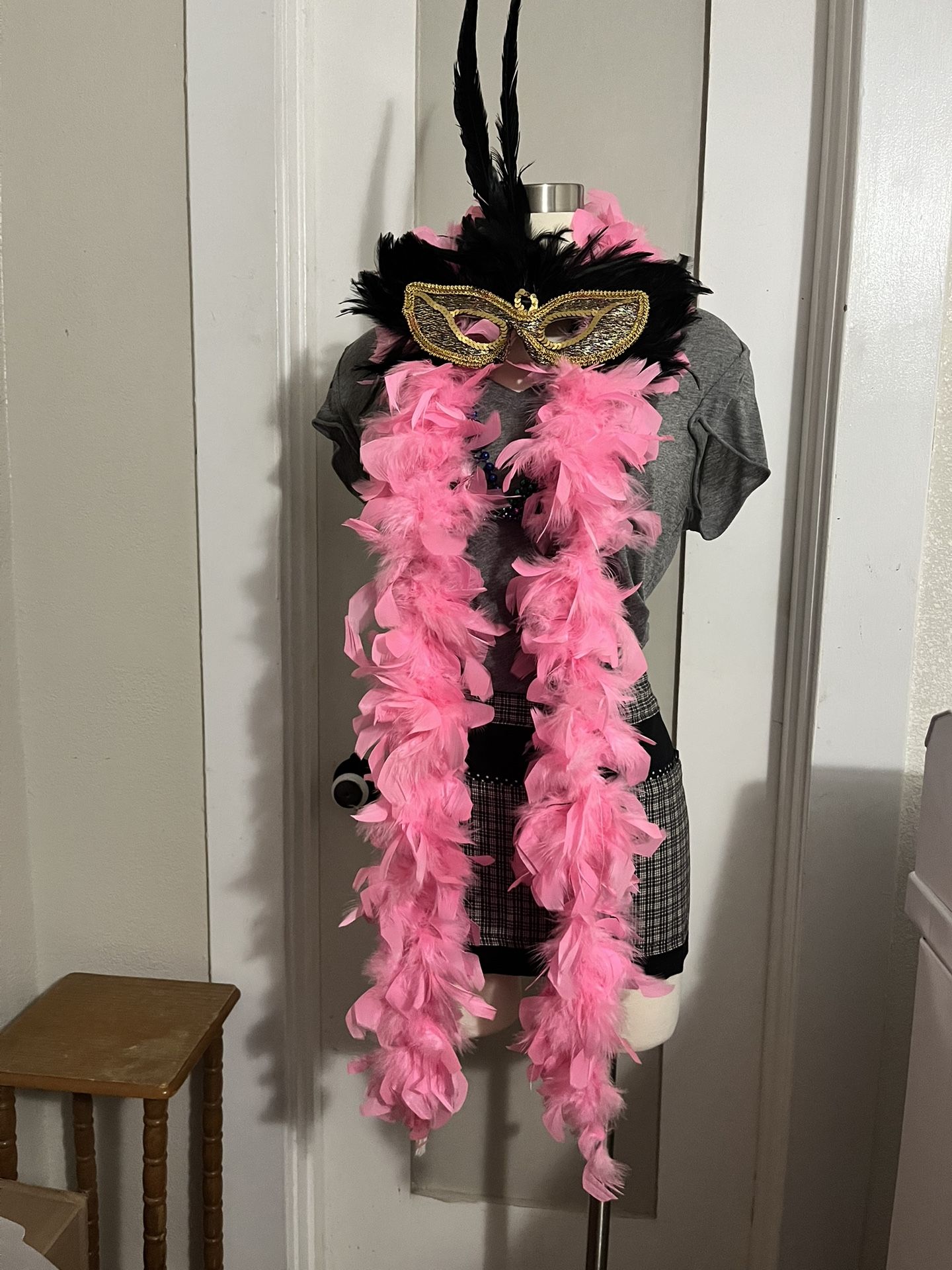 Mardi Gras Pink boa, face mask and beads Halloween Costume