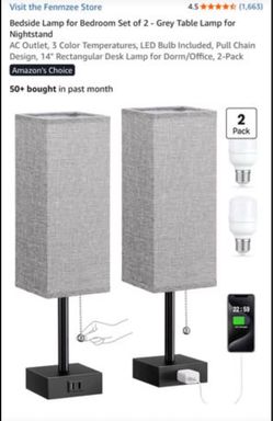 Set of 2 - Grey Table Lamp for Nightstand