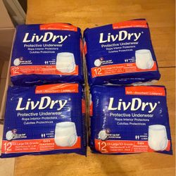 Adult diapers, liv dry, 2XL, xxl, 48 ct. $45 per case. Russell/Boulder area