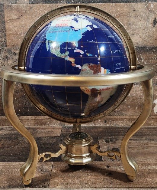 Gemstone Inlaid World Globe With Compass and Gold Stand 14" Tall