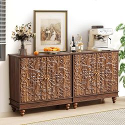 Set of 2,Farmhouse Carved Storage Sideboard Buffet Cabinet with Adjustable Shelves, Entryway Storage Cabinet with 2 Doors (Walnut)