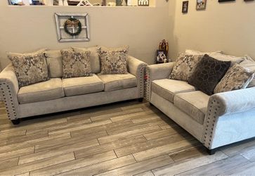 Beige Fabric Sofa and Loveseat Set with Nailhead Trim