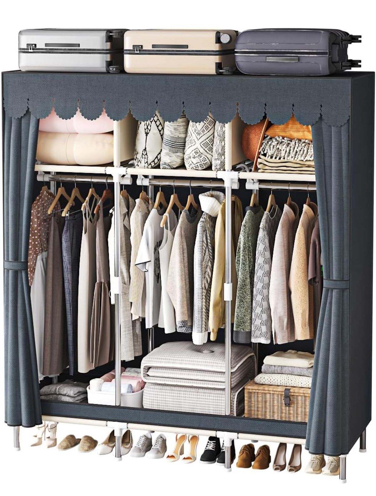 Portable Wardrobe Closet with Curtain Cover, Large Capacity Storage Organizer, Double Hanging Rods, Gray $30