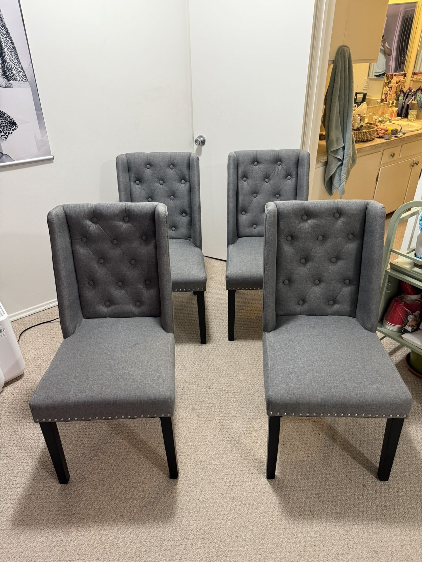 Set of 4 Tufted Wingback Dining Chairs – Gray Linen, Nailhead Trim (Pickup Only)