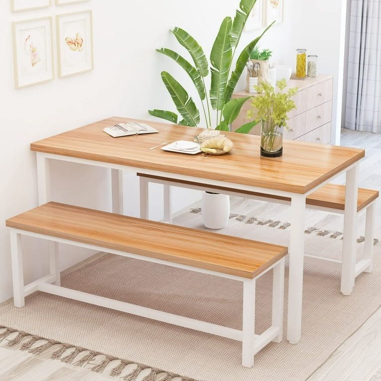 Dining Table Set with 2 Benches, Kitchen Table Set for 4,3 Piece Farmhouse Dining Room Table Set, Industrial Breakfast Nook Table Set for Small Space
