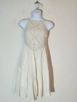 American Eagle Outfitters Eyelet Crochet Bodice Tiered Mini Dress Size: M
Color: Ivory