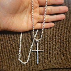 925 Solid Sterling Silver Diamond Cut Rope Chain Necklace for Men Women 22" w/ Cross Pendant Plata 925 Cadena & Dije Unisex 22"