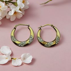 925 + 1/20 10k Gold Jordan Mom Crystal Hoop Pierced Earring 3/4” Preloved