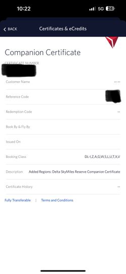 Delta First Class Companion Certificate
