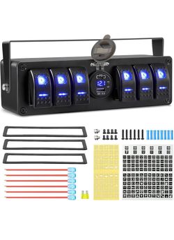 New Partsam 6 Gang Rocker Switch Panel Box12V-24V Aluminum Boat Marine Toggle Switch with USB and Type C Charger Voltmeter w/Fuses Waterproof Gasket f