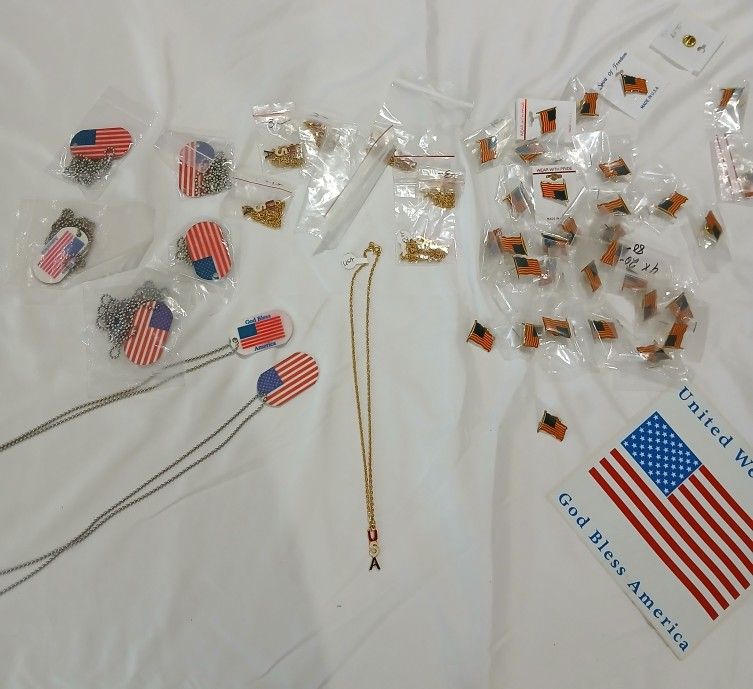 USA pins, necklaces and dog tags