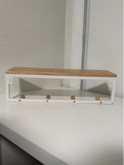 24" Modern Floating Wall Shelf with 4 Wooden Peg Hooks – White Metal Frame Coat & Key Rack