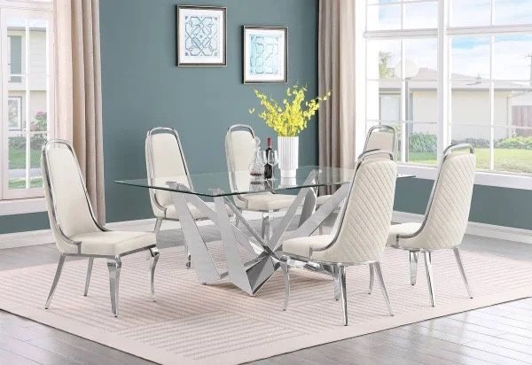 7 piece DINING TABLE SET GLASS TOP CHROME PLATED BASE CREAM VELVET CHAIRS