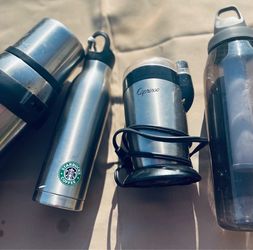 Vintage Stainless Steel 2 Quart Thermos W Screw On Lid & Starbucks Tumbler Stainless Steel 18 oz. Double Walled Water Bottle 2009 Vintage & Capresso 5