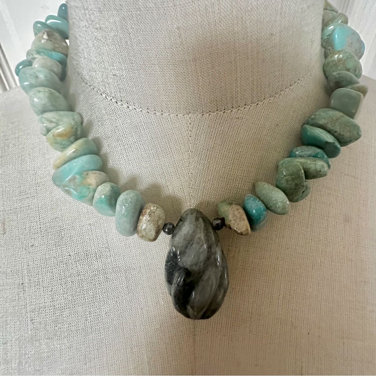 Sterling Silver Toggle Necklace w/ Turquoise Nugget Beads + Labradorite Pendant