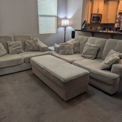 Used Couch, Love Seat, and Ottoman, Plus Pillows