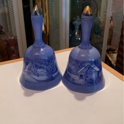 Vintage "A Home In The Wilderness" by Currier and Ives 5" Blue Ceramic Bells-set Of 2