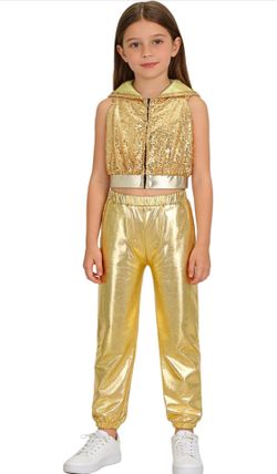 Kids Girls size 5-6 Street Hip Hop Jazz Dance Outfit Sleeveless Sequin Hooded