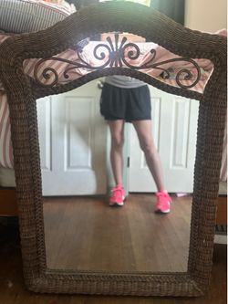 Large Vintage Mid Century Rattan Framed Mirror
