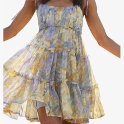Sundresses for Women Floral Summer Dress Boho Flowy Cute Dresses Spaghetti Strap Sleeveless Ruffle Mini Dress