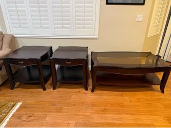 3-Piece Coffee Table Set – Dark Cherry Wood w/ Glass Top Coffee Table