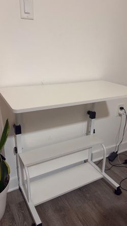 White Adjustable Height Desk with Shelf