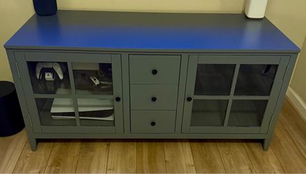 Gray and Blue TV Stand with Glass Doors