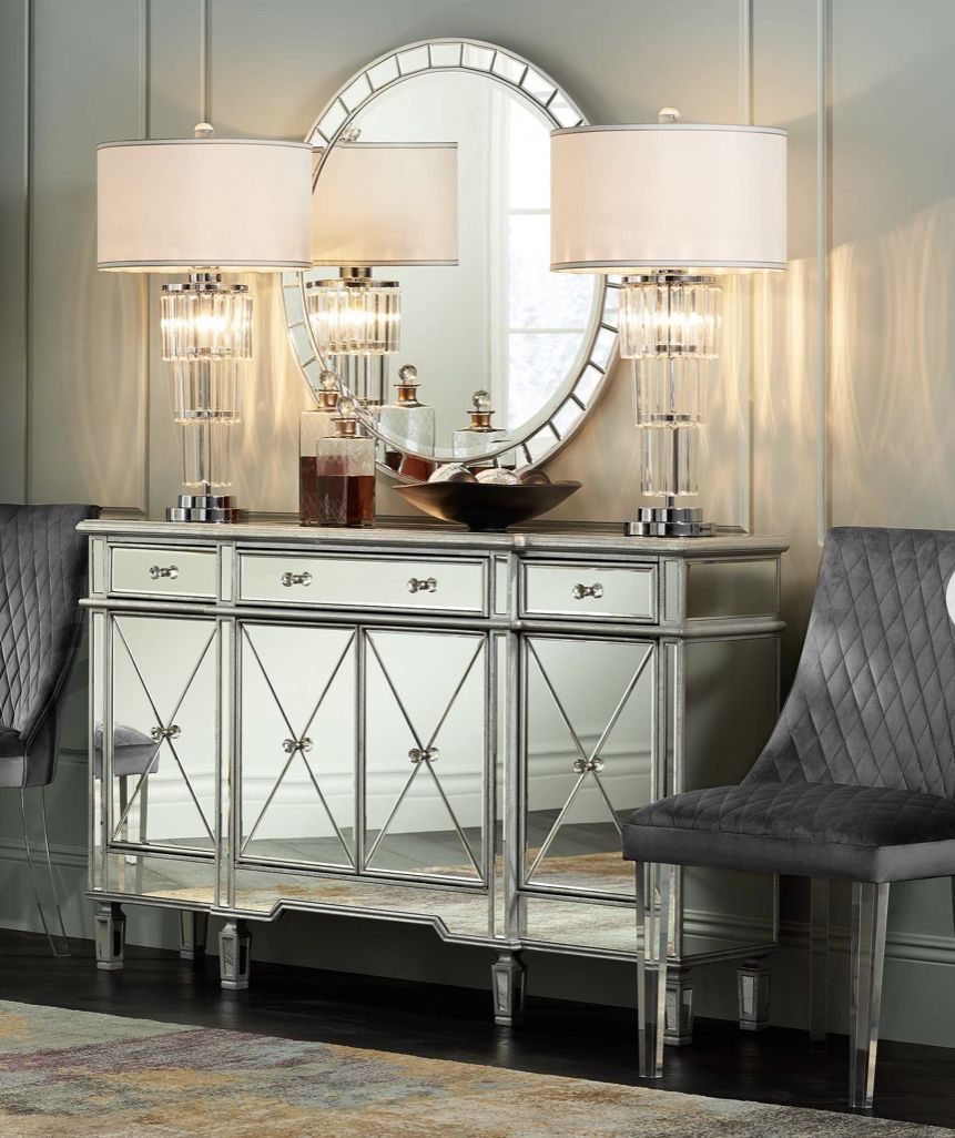 Cablanca 60" Wide 4-Door 3-Drawer Silver Mirrored Cabinet