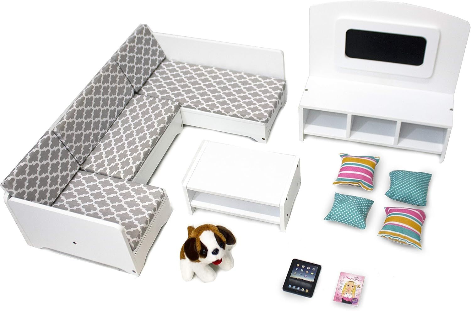 Playtime by Eimmie 18 Inch Doll Furniture Couch Living Room Set Wooden Playset w/ TV & Pet Accessories for 14-18โ Dolls