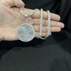 925 Sterling Silver Bezel Silver Mexico 1 Oz Libertad CENTENARIO & Rope Chain