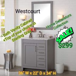  Gray Home Decorators Collection
Westcourt 36 in. W x 22 in. D x 34 in. H Bath Vanity Cabinet +Top Of Your choice  ,,, Quartz And  Natural Granite Top