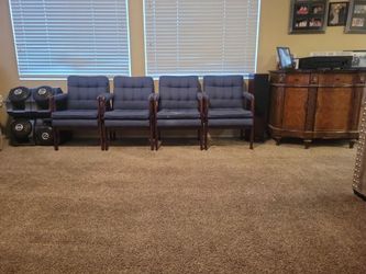 Faustinos 1990s Vintage Upholstered Fabric Arm Oak Office Chairs - BLUE