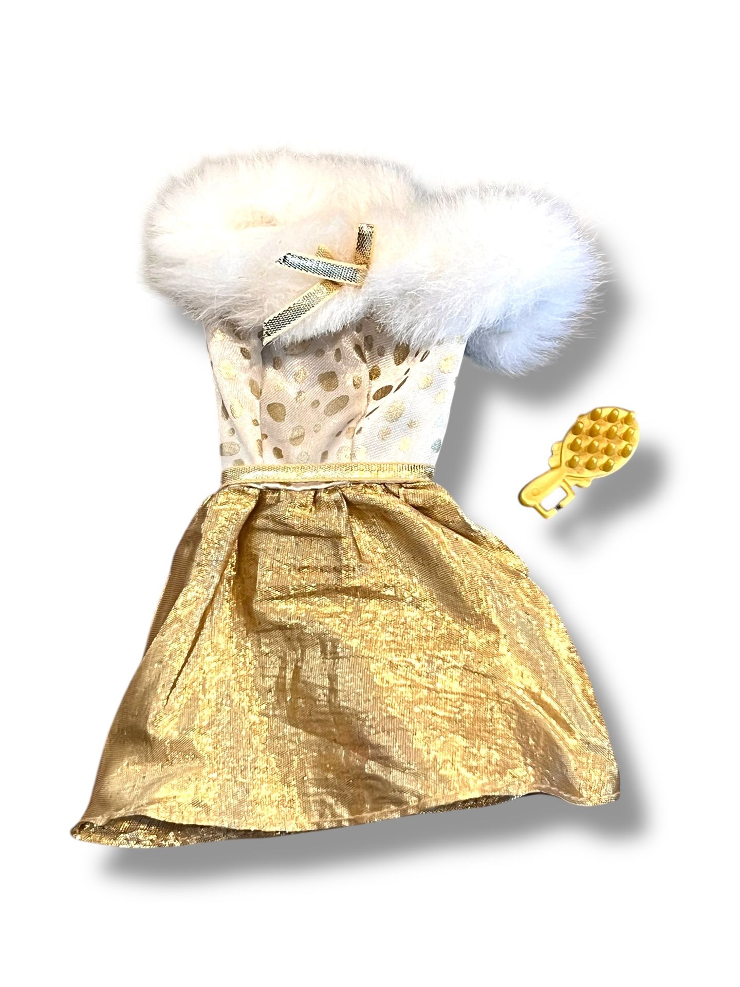 VTG Barbie Fashion Avenue #18155 Gold/White dress with Hairbrush