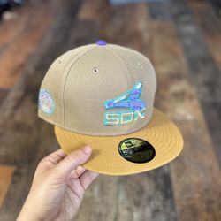 RARE Exclusive Two Tone SOLD OUT White Sox 59fifty New Era Fitted Tan Khaki Wheat Brown Hat with Blue Teal UV •SOLD OUT EXCLUSIVE LIMITED RELEASE •